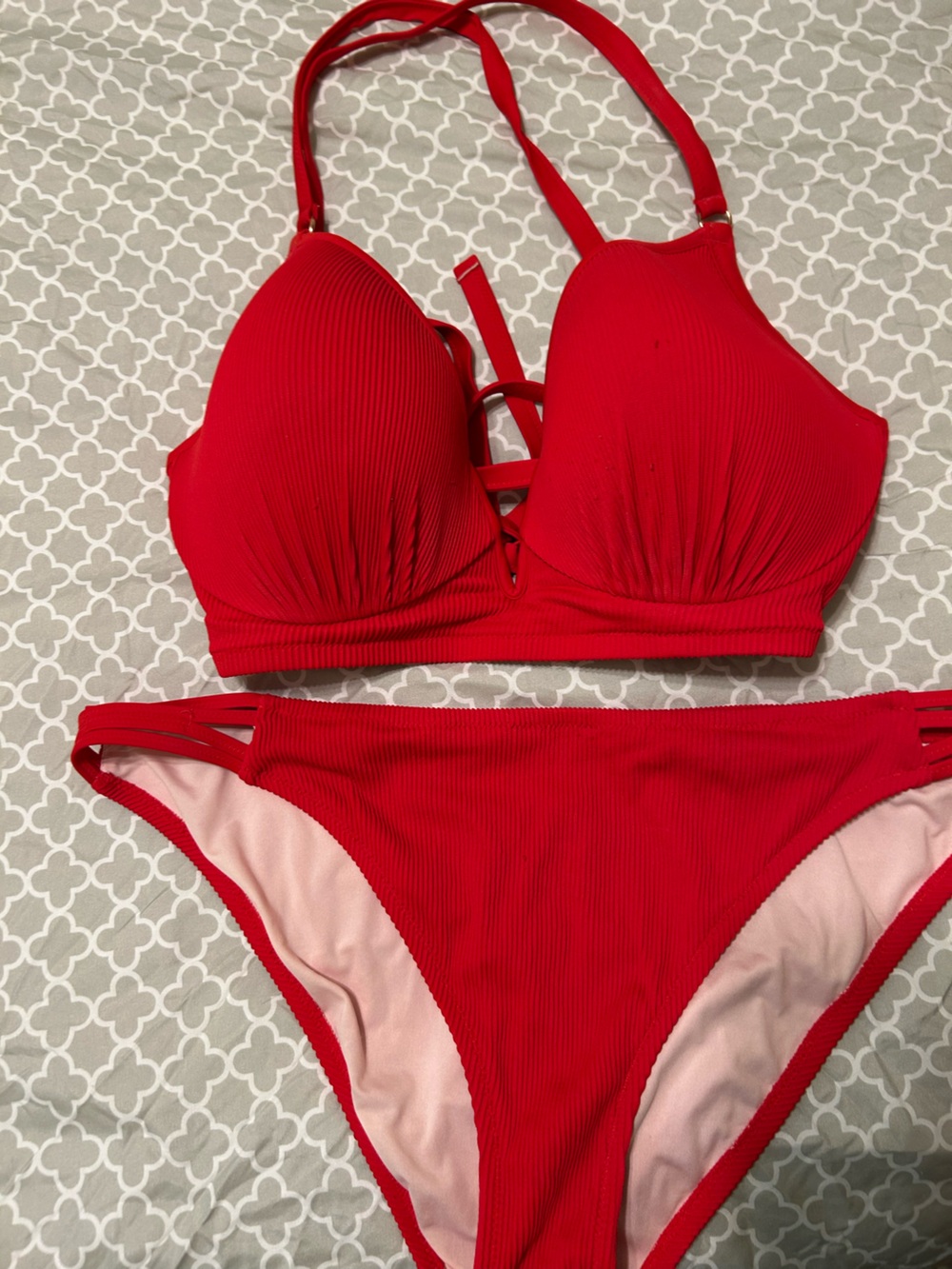 Shade & Shore Red Ribbed Bikini Set with Blush Lining